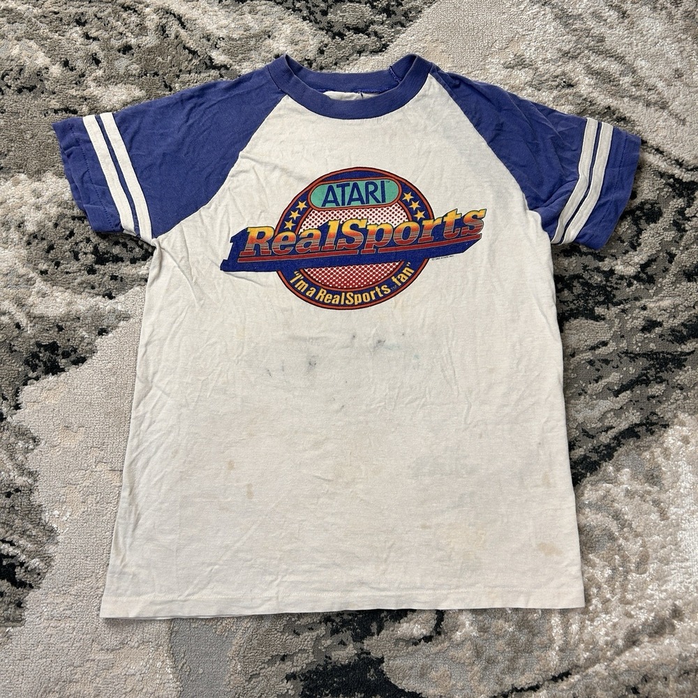 Vintage Rare Atari 1982 Real Sports Blue & White T-Shirt Gaming Promo Y2K Sz S